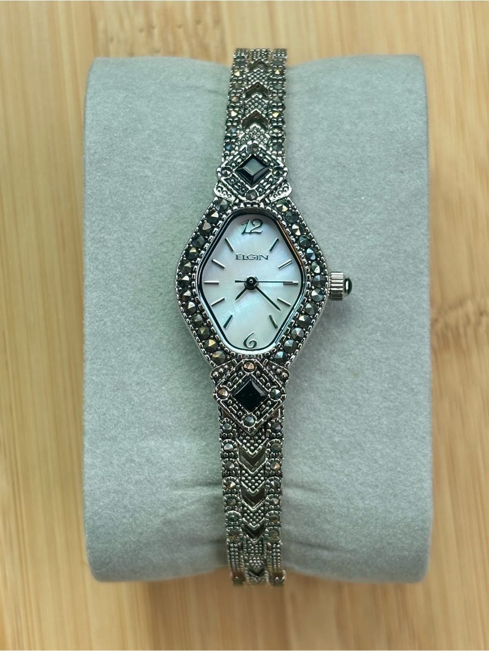 Vintage Elgin Watch Silver Tone Marcasite Black Onyx Geometric Mother of Pearl